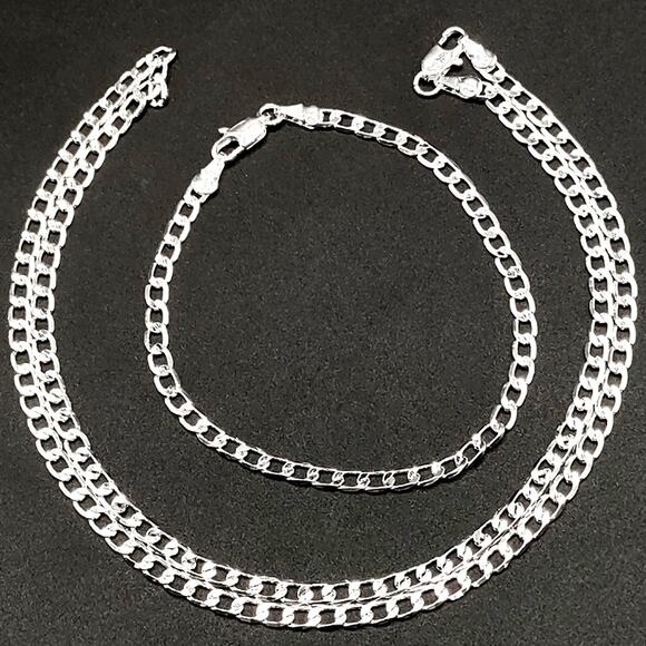 925 Sterling Silver 4mm Cuban Necklace Bracelet Set Christmas Birthday Gift NEW! - Picture 1 of 6